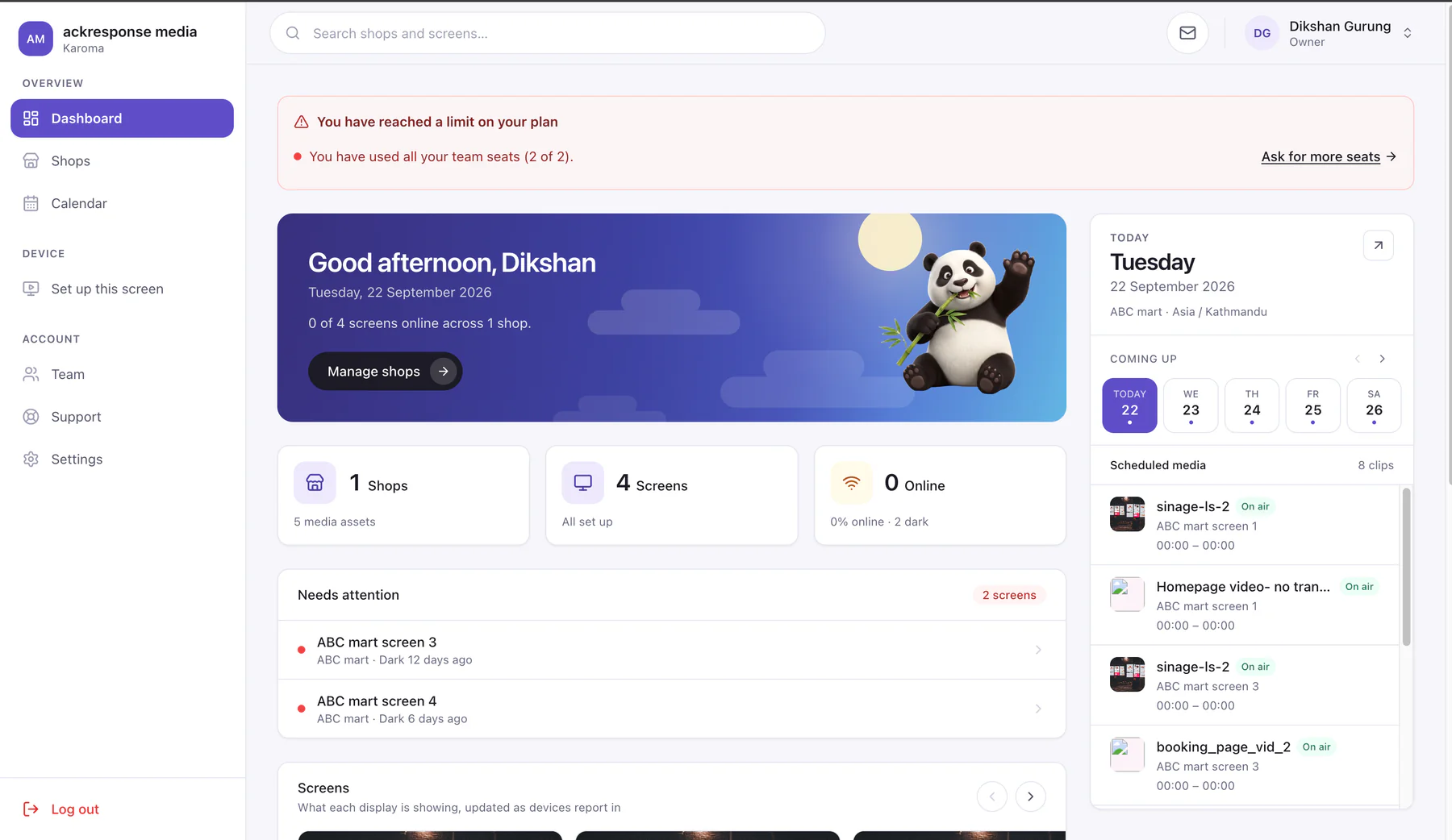 The Paarda dashboard: a greeting banner, counts of shops, screens and screens online, screens that need attention, and today's scheduled media.