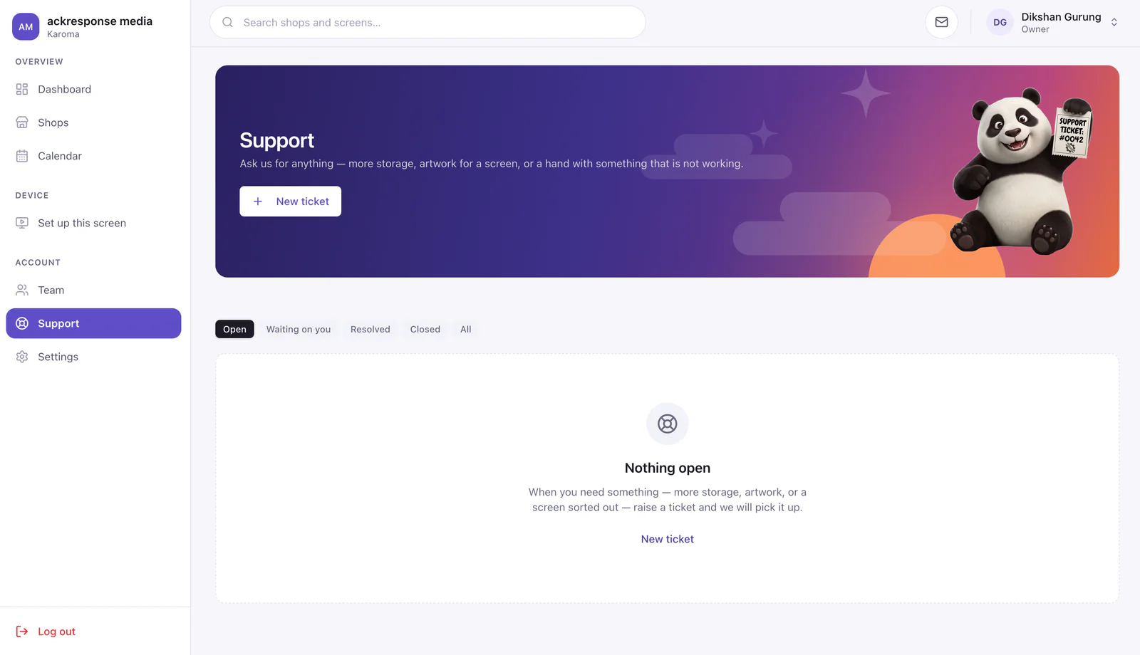 The support page, where tickets are raised and followed: asking for more storage, artwork for a screen, or help with something that is not working.